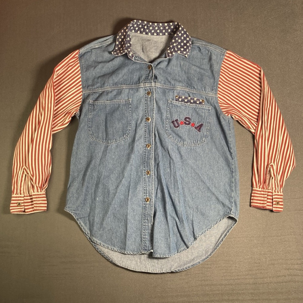 4th of July Size S Womens Long Sleeve Quizz Jeans Shirt USA on the pocket Small